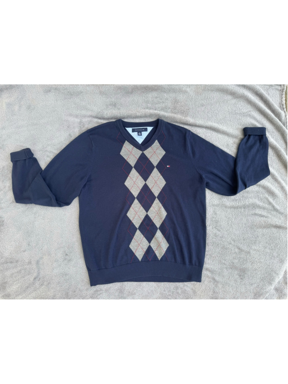 Men's Tommy Hilfiger Argyle V-Neck Sweater Navy Grey Size L